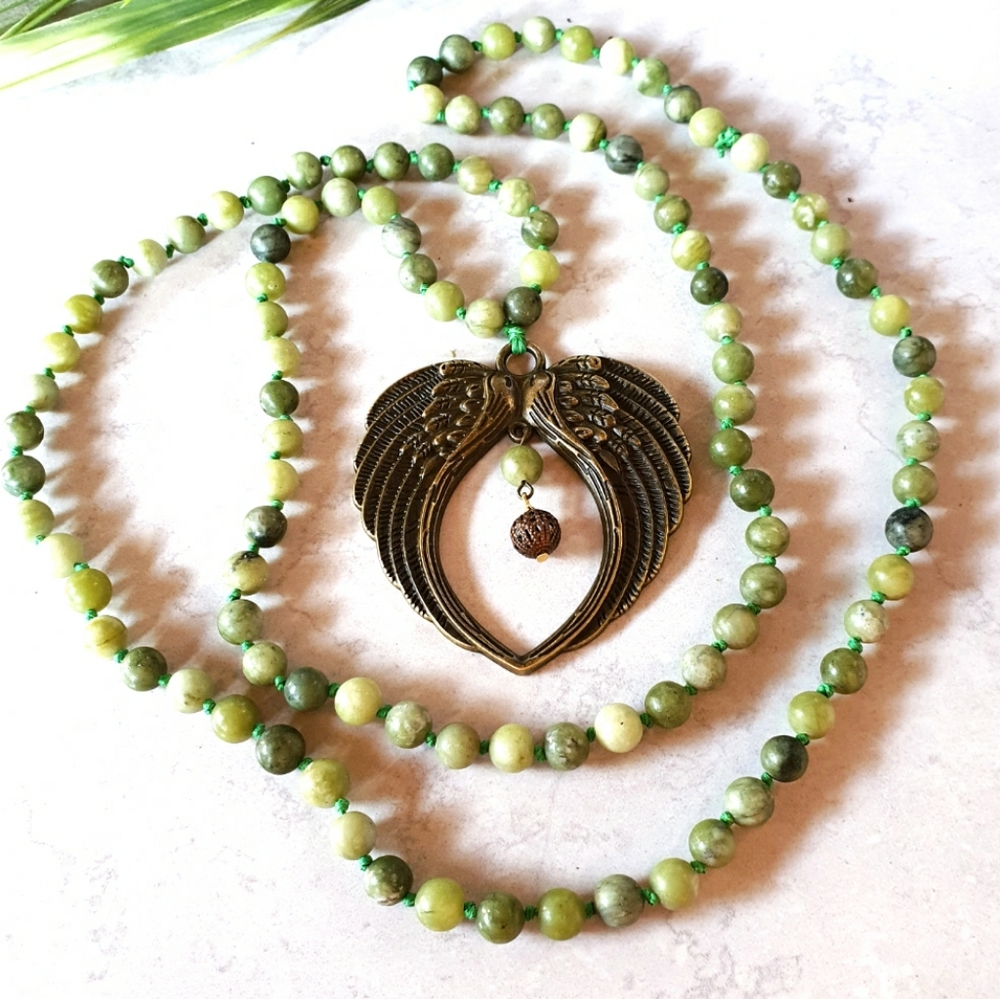 Jade Beads Antique Bronze Wings Long Necklace - Picture 3 of 6